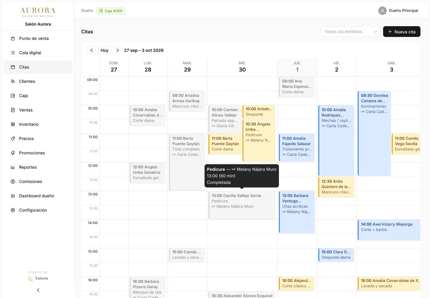 Agenda de citas del salón de belleza por semana, con colores por estado