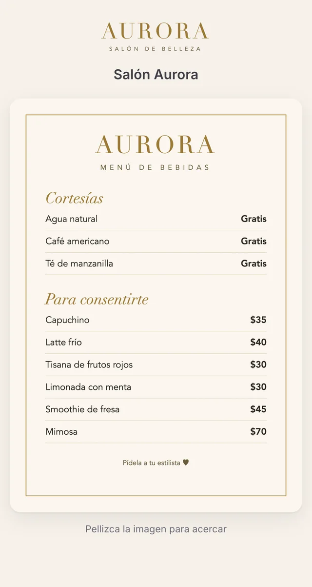 Menú de bebidas del salón visto desde un celular